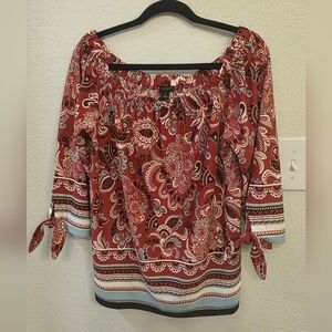 Ann Taylor - Paisley - Off The Shoulder - Tie Cuff- 3/4 Sleeve Top Size XL